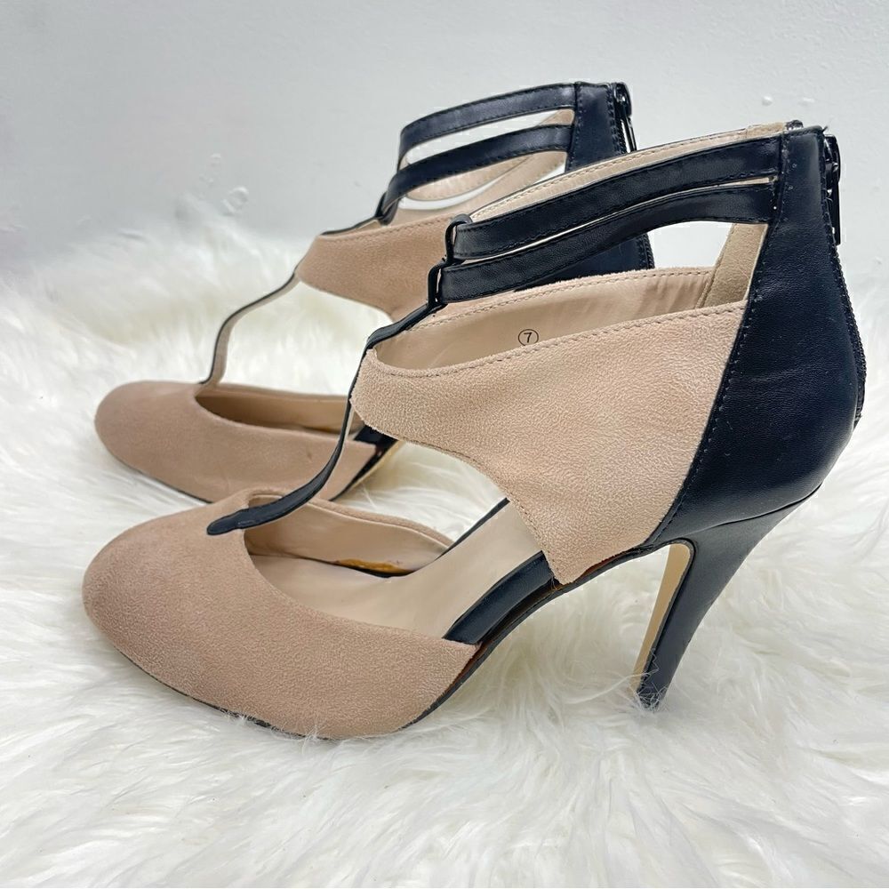 bucco capensis | suede t-strap pump 7.0 4” heel, back zipper.